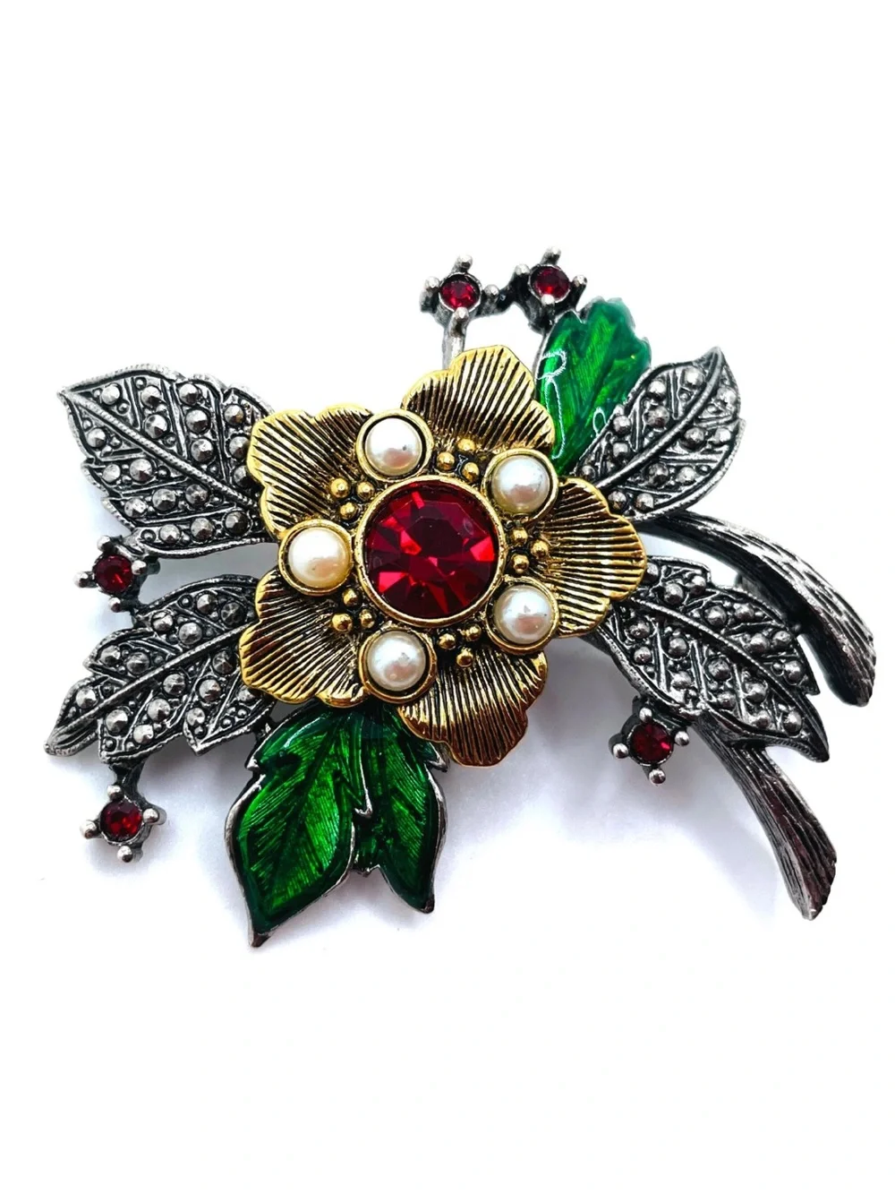 Vintage AVON Signed Floral Brooch Silver Gold Tone Red Rhinestone Faux Pearl Pin